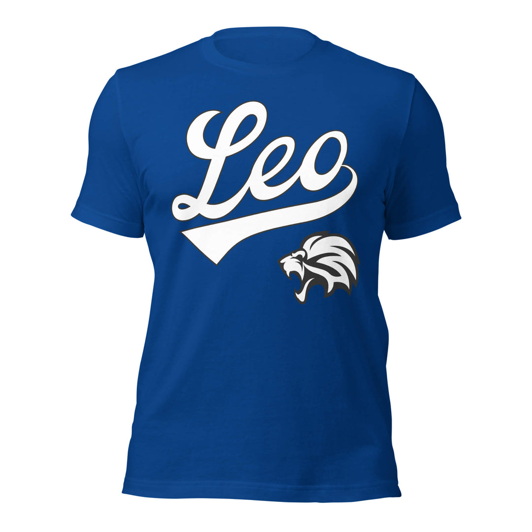 Blue t-shirt with 'Leo' and lion graphic on a white background. . Blue Shirt / White Ink variant.