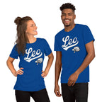 Two people wearing blue t-shirts with Leo' text on a white background