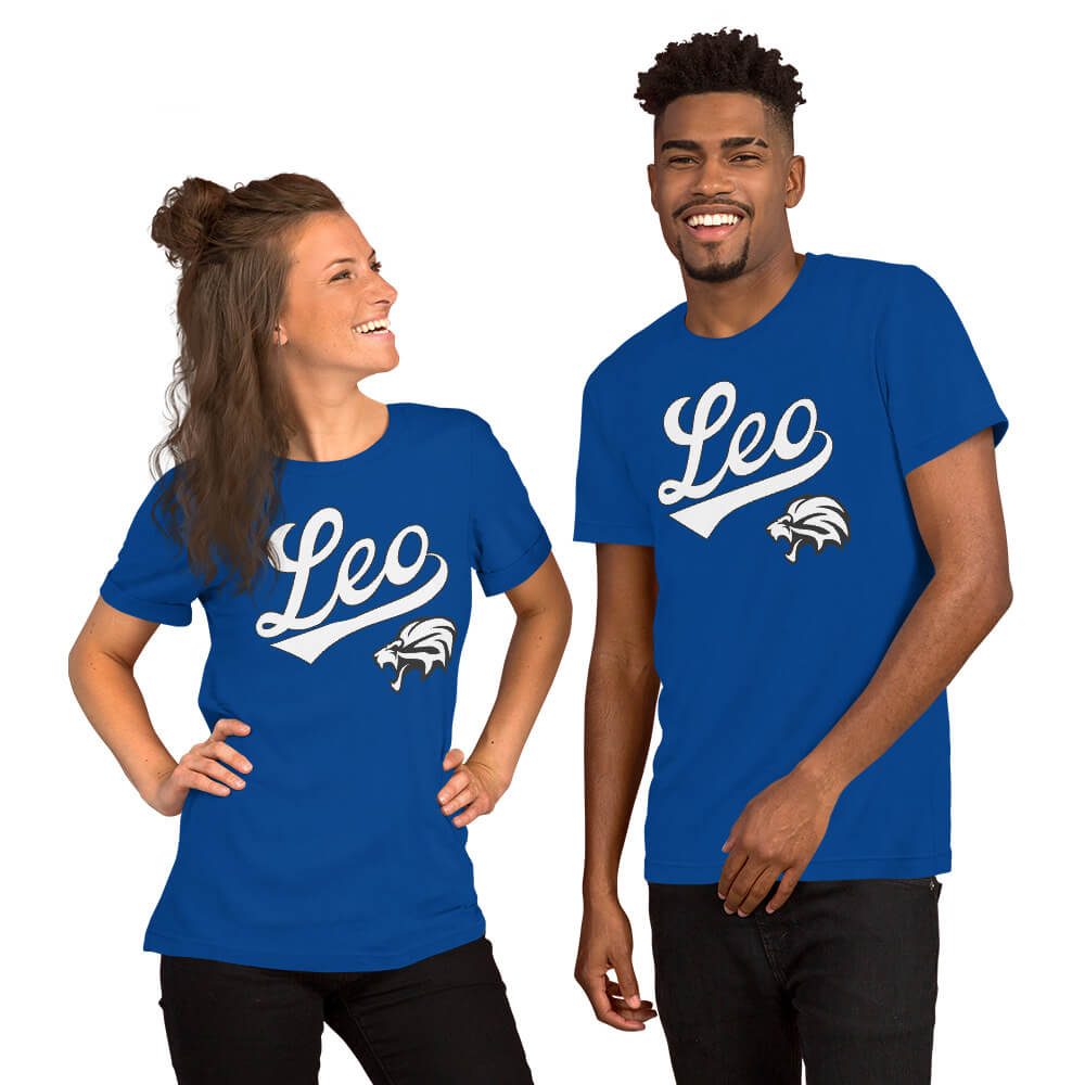 Two people wearing blue t-shirts with Leo' text on a white background