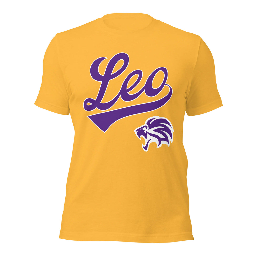 Yellow t-shirt with purple 'Leo' text and lion logo on a white background. Gold Shirt / Purple Ink variant.
