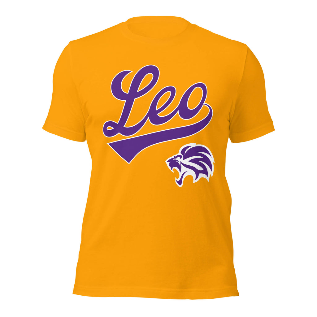Leo zodiac sports graphic t-shirt, gold with purple ink, unisex athletic astrology apparel, front flat lay