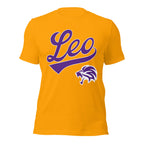Leo zodiac sports graphic t-shirt, gold with purple ink, unisex athletic astrology apparel, front flat lay