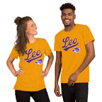 A man and a woman modeling matching gold t-shirts with a purple 'Leo' script and a wildcat graphic on the chest, set against a plain white background.