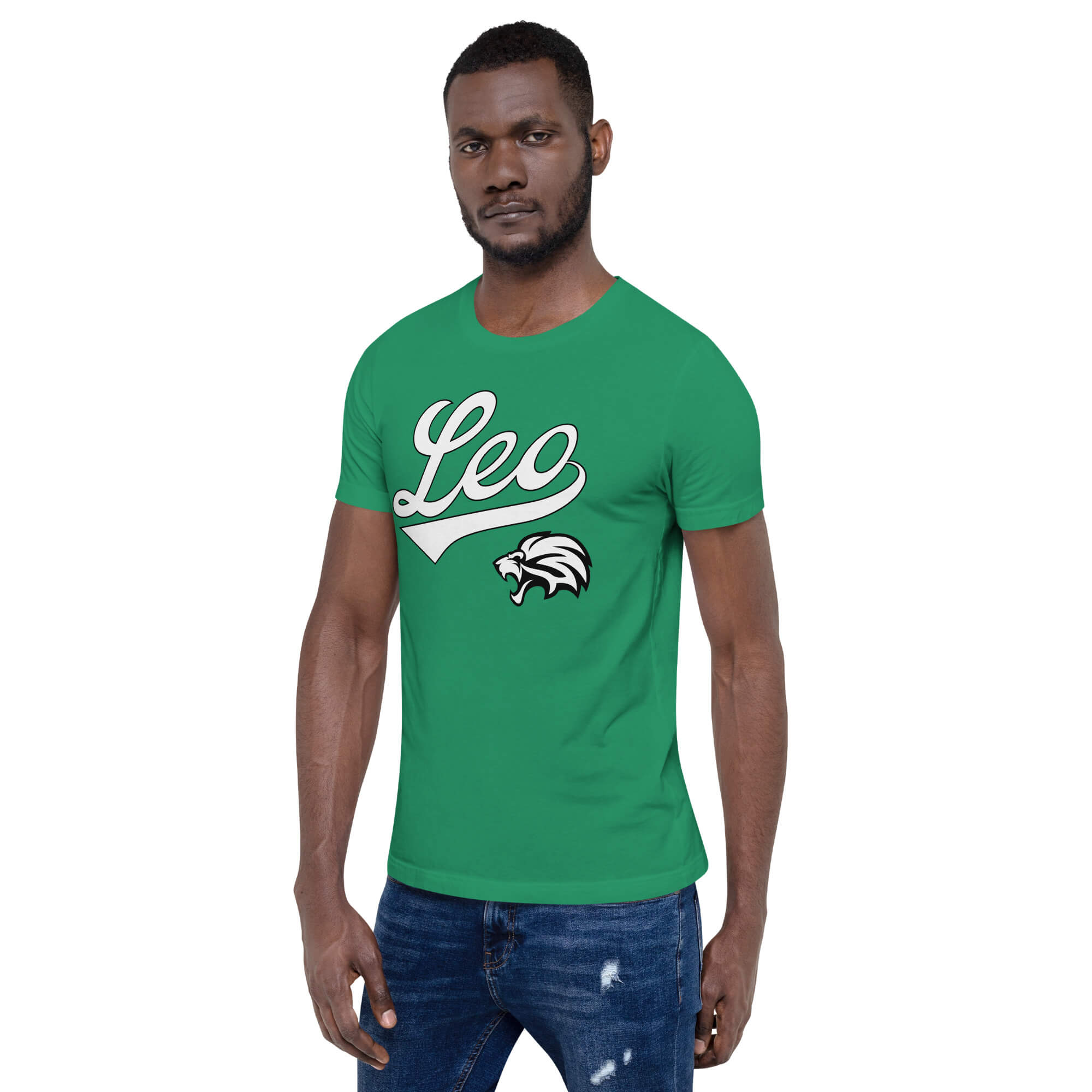 A man wearing a bright green crewneck t-shirt with a white 'Leo' script and lion graphic on the chest, paired with blue jeans, set against a plain white background.