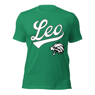 Leo zodiac sports graphic t-shirt, green with white ink, unisex athletic astrology apparel, front flat lay