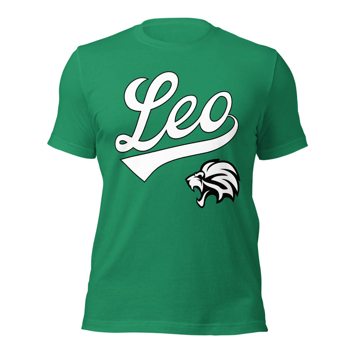 Green t-shirt with 'Leo' and lion graphic on a white background. Green Shirt / White Ink variant.