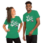 A man and a woman modeling matching green t-shirts with the slogan 'Leo' printed in white text on the front, set against a plain white background.