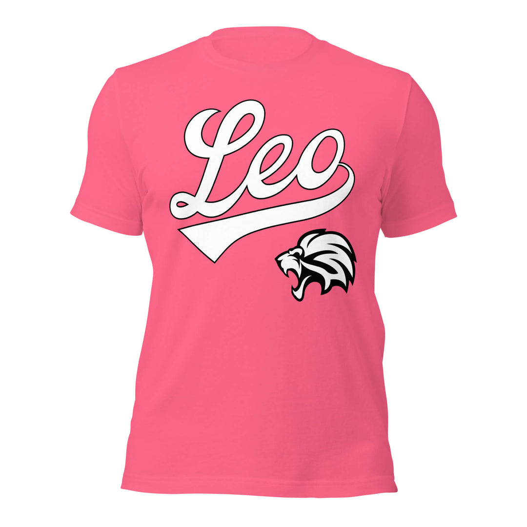 Pink t-shirt with 'Leo' and lion graphic on a white background. Pink Shirt / White Ink variant.