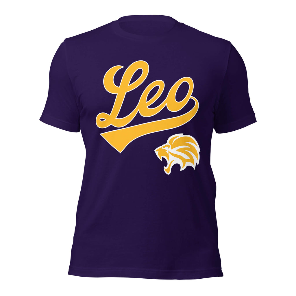 Leo zodiac sports graphic t-shirt, purple with gold ink, unisex athletic astrology apparel, front flat lay