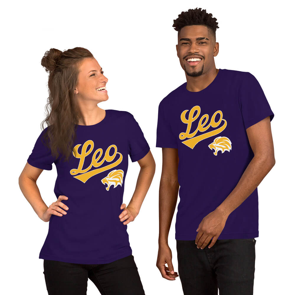 Two people wearing purple t-shirts with a gold Leo zodiac design on a white background