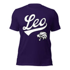 Leo zodiac sports graphic t-shirt, purple with white ink, unisex athletic astrology apparel, front flat lay