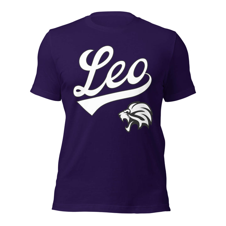 Purple t-shirt with 'Leo' and lion graphic on a white background. Purple Shirt / White Ink variant.