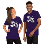 Two people wearing purple t-shirts with a graphic of a Leo zodiac graphic on a white background.