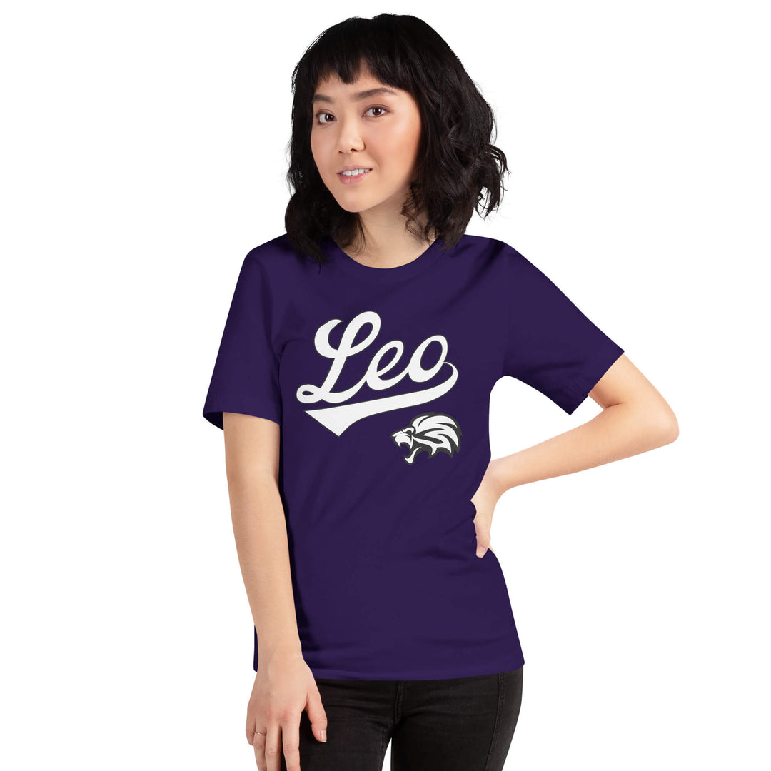A woman modeling a purple short-sleeve t-shirt with a white &