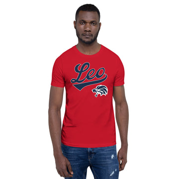 A man wearing a red short-sleeve t-shirt with a navy blue and white &