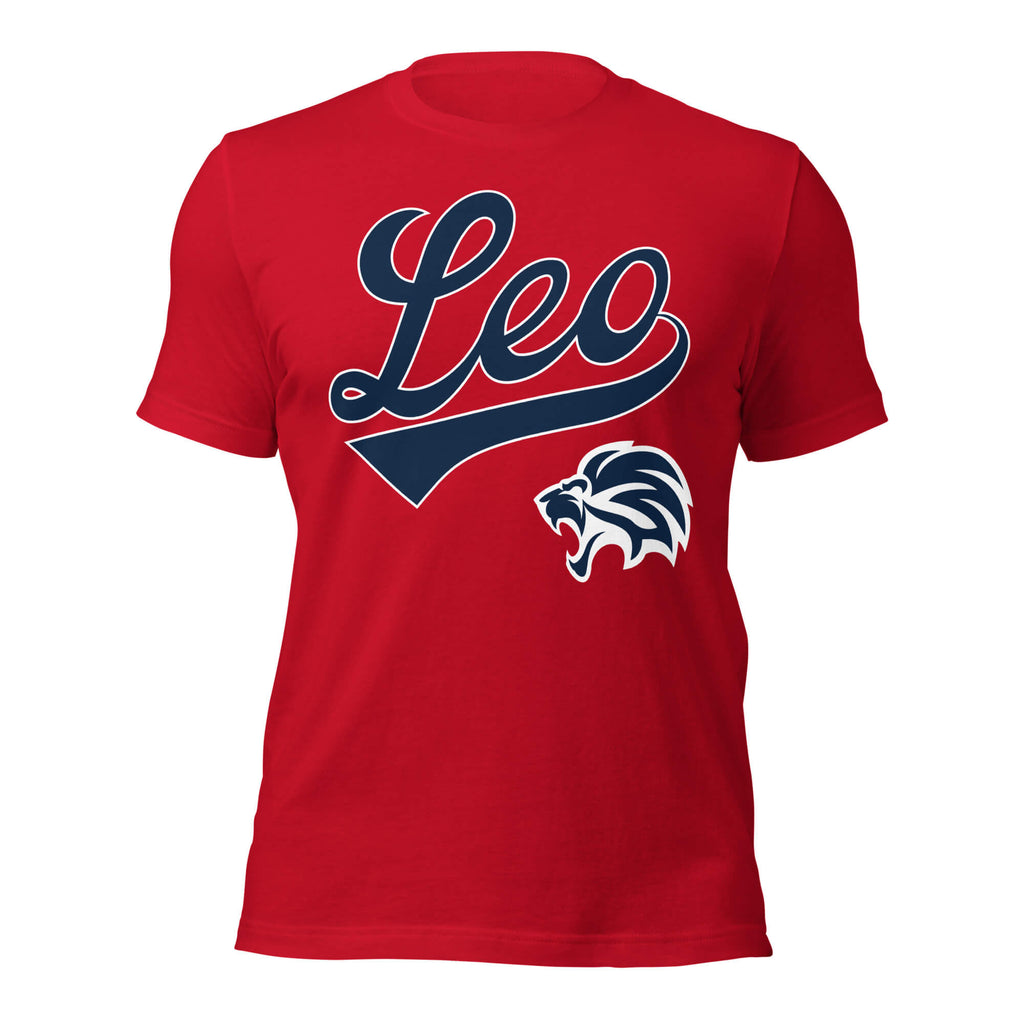Leo zodiac sports graphic t-shirt, red with blue ink, unisex athletic astrology apparel, front flat lay