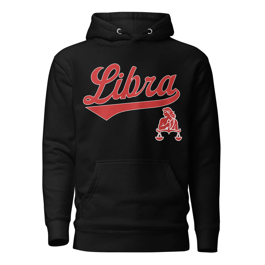 Libra zodiac sports graphic hoodie, black with red ink, unisex athletic astrology apparel, front flat lay