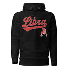Libra zodiac sports graphic hoodie, black with red ink, unisex athletic astrology apparel, front flat lay
