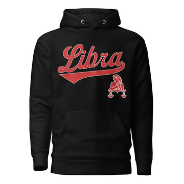 Libra zodiac sports graphic hoodie, black with red ink, unisex athletic astrology apparel, front flat lay