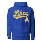 Libra zodiac sports graphic hoodie, blue with gold ink, unisex athletic astrology apparel, front flat lay