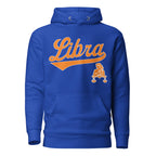 Libra zodiac sports graphic hoodie, blue with orange ink, unisex athletic astrology apparel, front flat lay