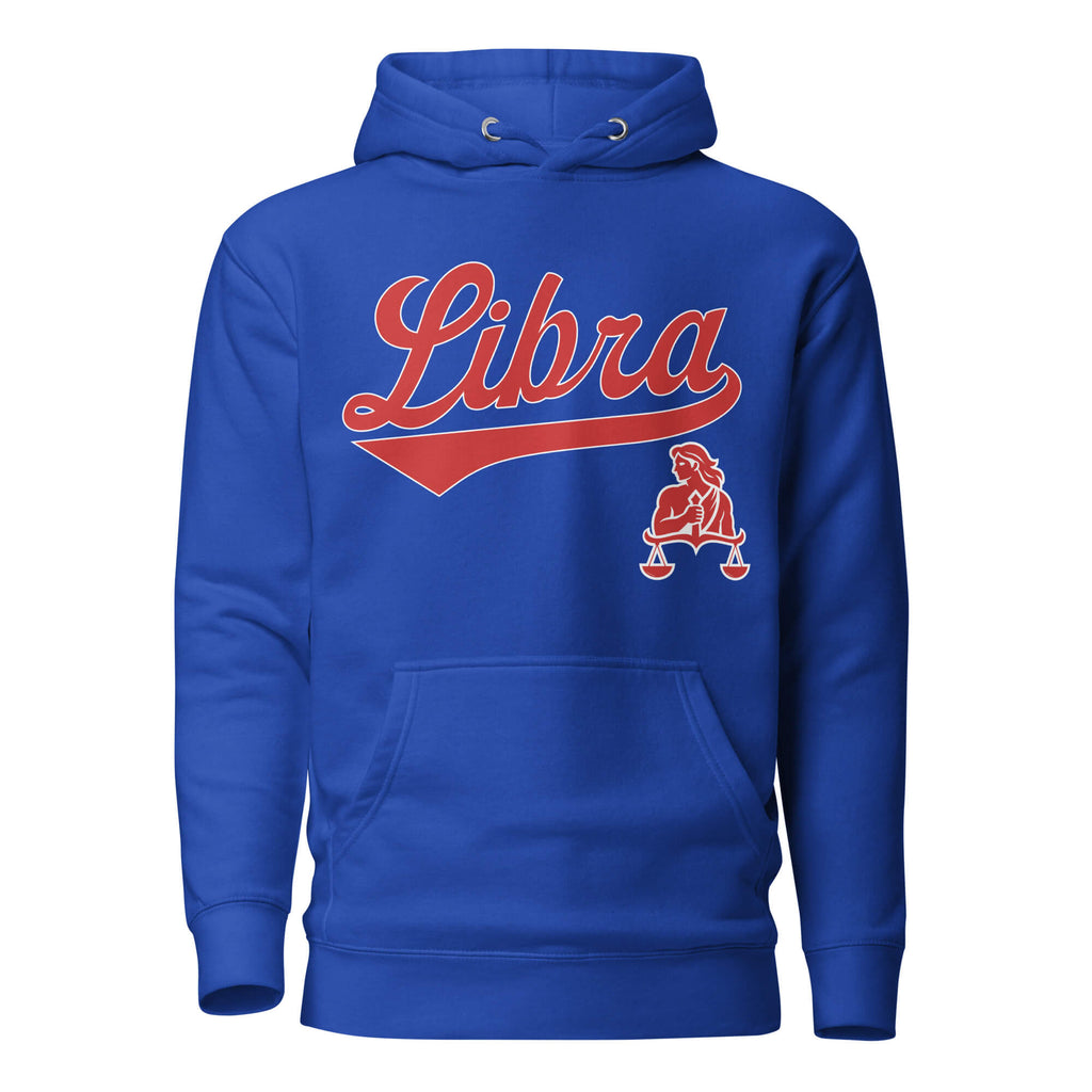 Libra zodiac sports graphic hoodie, blue with red ink, unisex athletic astrology apparel, front flat lay