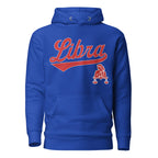 Libra zodiac sports graphic hoodie, blue with red ink, unisex athletic astrology apparel, front flat lay