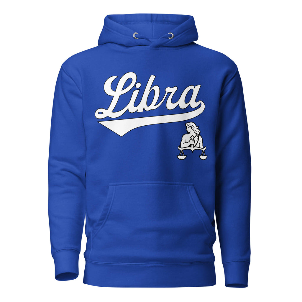 Libra zodiac sports graphic hoodie, blue with white ink, unisex athletic astrology apparel, front flat lay