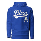 Libra zodiac sports graphic hoodie, blue with white ink, unisex athletic astrology apparel, front flat lay