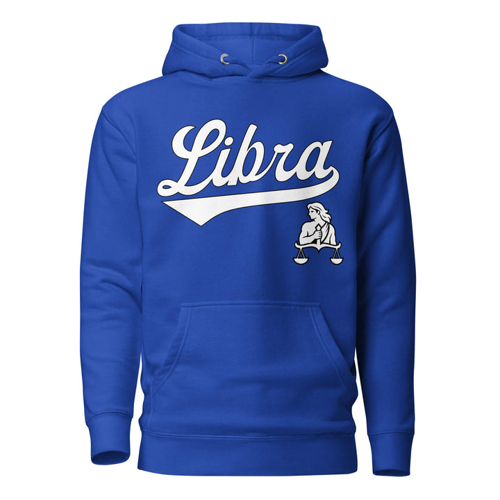 Libra zodiac sports graphic hoodie, blue with white ink, unisex athletic astrology apparel, front flat lay