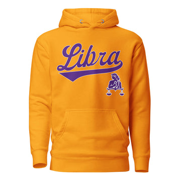 Libra zodiac sports graphic hoodie, gold with purple ink, unisex athletic astrology apparel, front flat lay