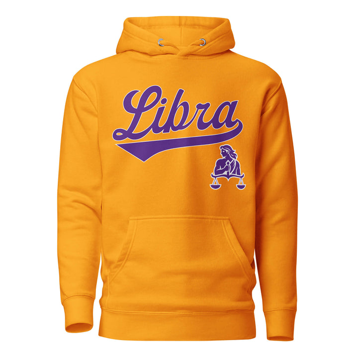 Libra zodiac sports graphic hoodie, gold with purple ink, unisex athletic astrology apparel, front flat lay