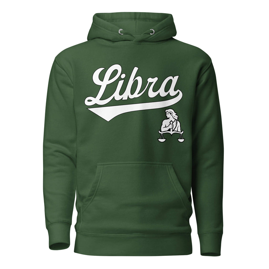 Libra zodiac sports graphic hoodie, green with white ink, unisex athletic astrology apparel, front flat lay