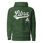 Libra zodiac sports graphic hoodie, green with white ink, unisex athletic astrology apparel, front flat lay