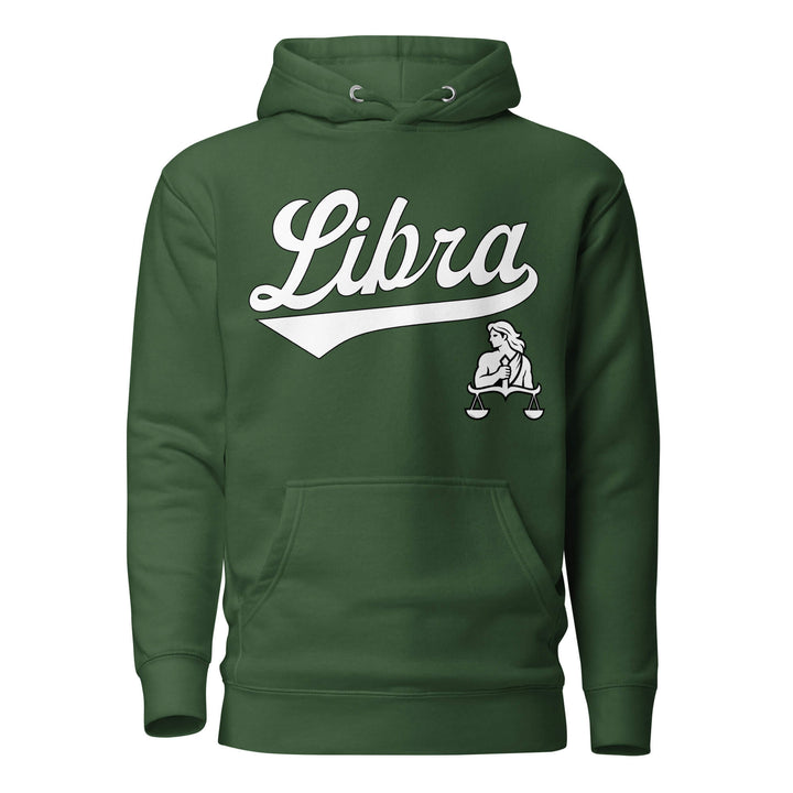 Libra zodiac sports graphic hoodie, green with white ink, unisex athletic astrology apparel, front flat lay