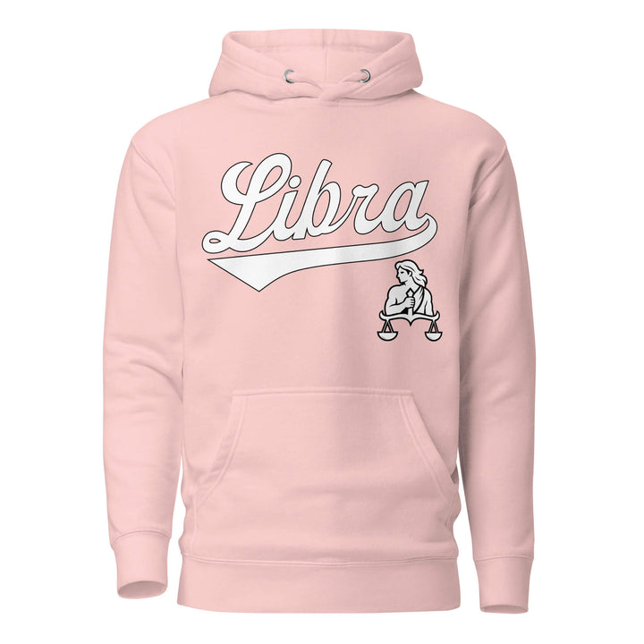 Libra zodiac sports graphic hoodie, pink with white ink, unisex athletic astrology apparel, front flat lay