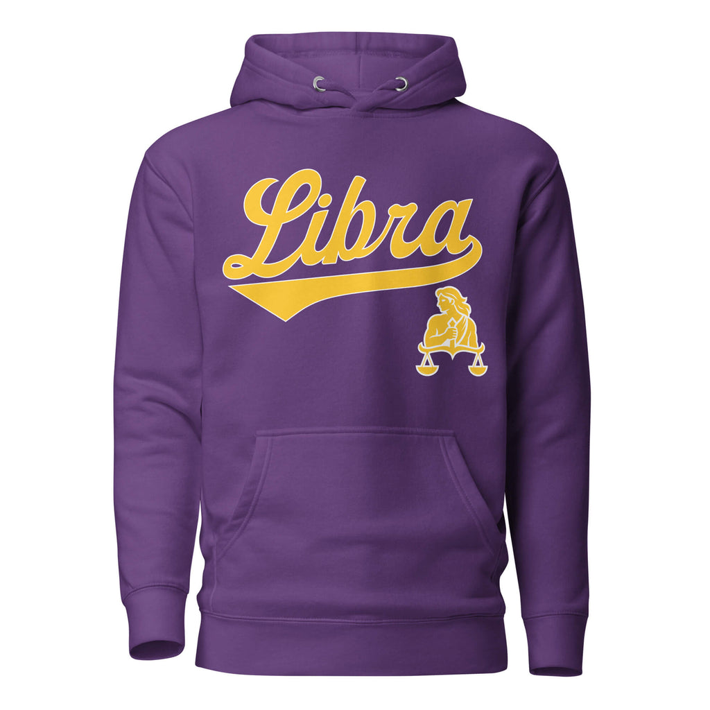 Libra zodiac sports graphic hoodie, purple with gold ink, unisex athletic astrology apparel, front flat lay
