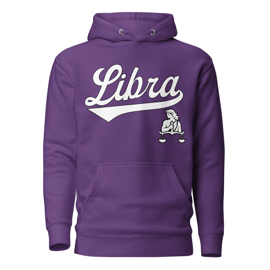 Libra zodiac sports graphic hoodie, purple with white ink, unisex athletic astrology apparel, front flat lay
