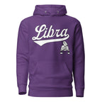 Libra zodiac sports graphic hoodie, purple with white ink, unisex athletic astrology apparel, front flat lay