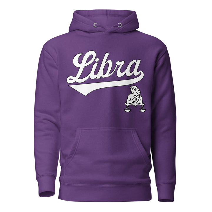 Libra zodiac sports graphic hoodie, purple with white ink, unisex athletic astrology apparel, front flat lay