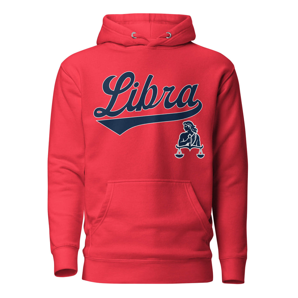 Libra zodiac sports graphic hoodie, red with blue ink, unisex athletic astrology apparel, front flat lay