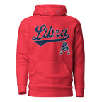 Libra zodiac sports graphic hoodie, red with blue ink, unisex athletic astrology apparel, front flat lay