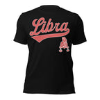 Libra zodiac sports graphic t-shirt, black with red ink, unisex athletic astrology apparel, front flat lay