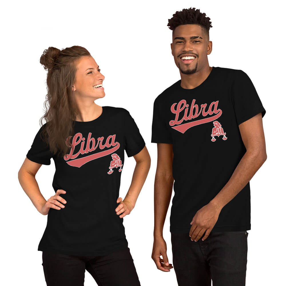 Two people wearing black t-shirts with a Libra graphic design on a white background