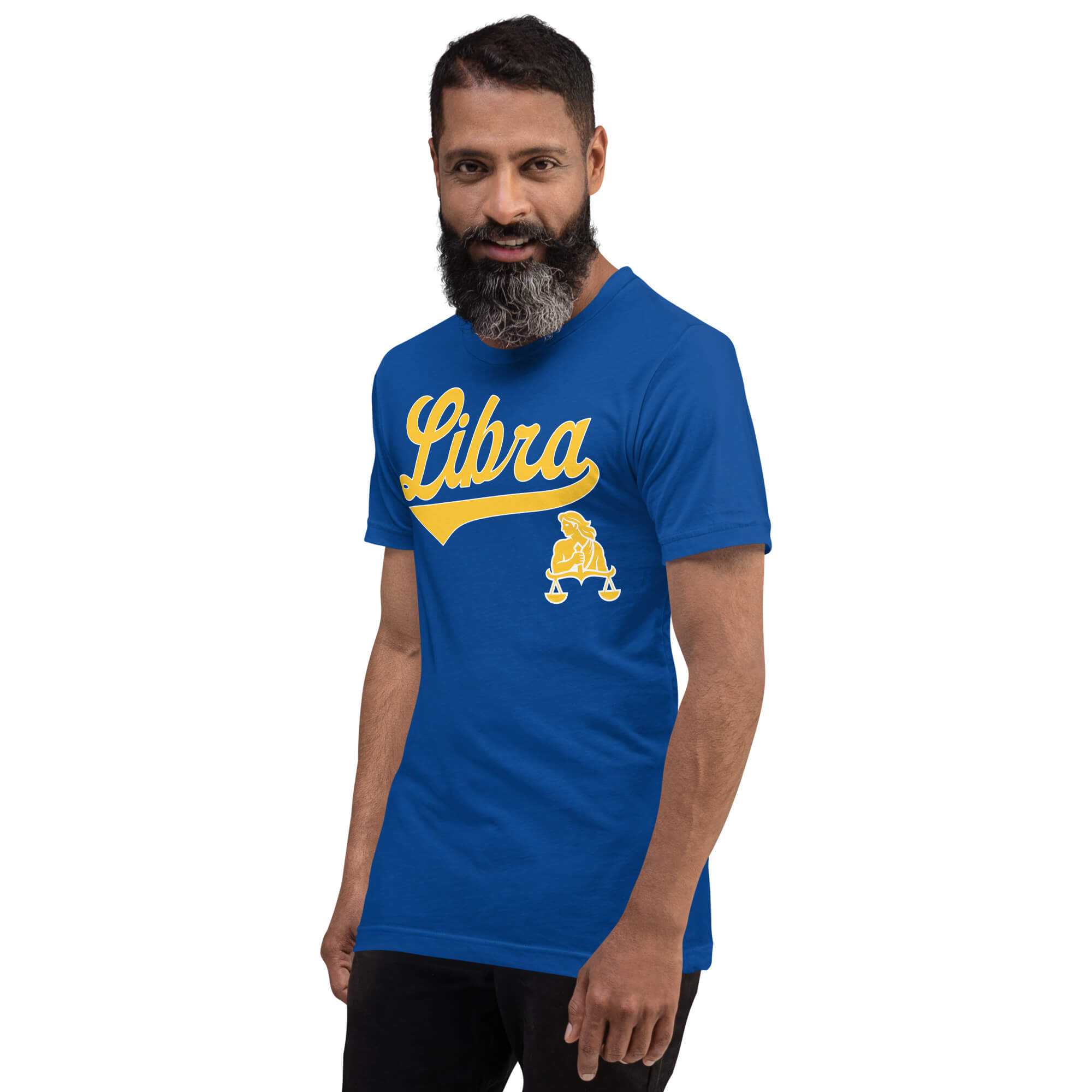 A man wearing a royal blue v-neck t-shirt with a gold 'Libra' graphic and a small golden scale of justice logo on the front, set against a plain white background.
