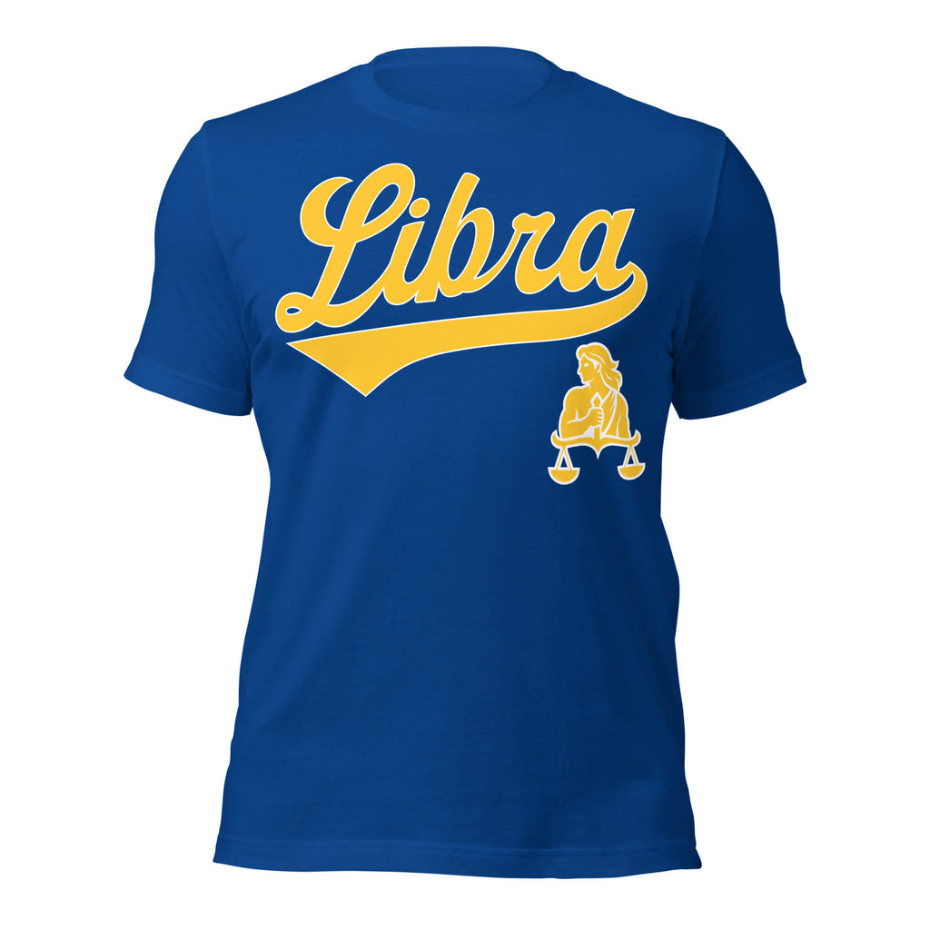 Libra zodiac sports graphic t-shirt, blue with gold ink, unisex athletic astrology apparel, front flat lay