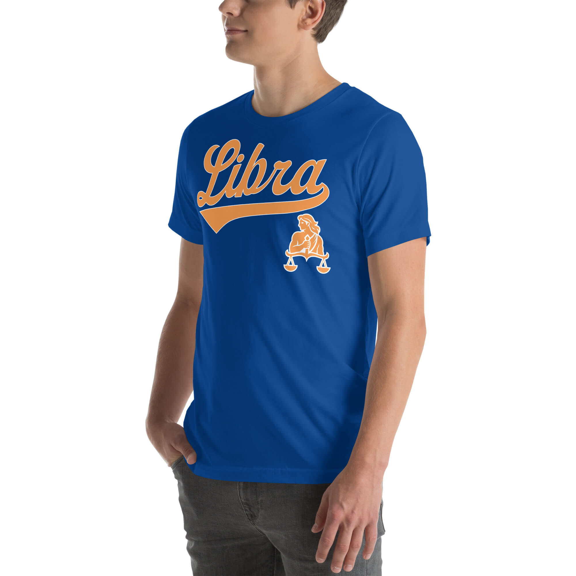 A man wearing a royal blue crewneck t-shirt with a gold 'Libra' graphic and zodiac symbol on the chest, shown from the waist up against a plain white background.