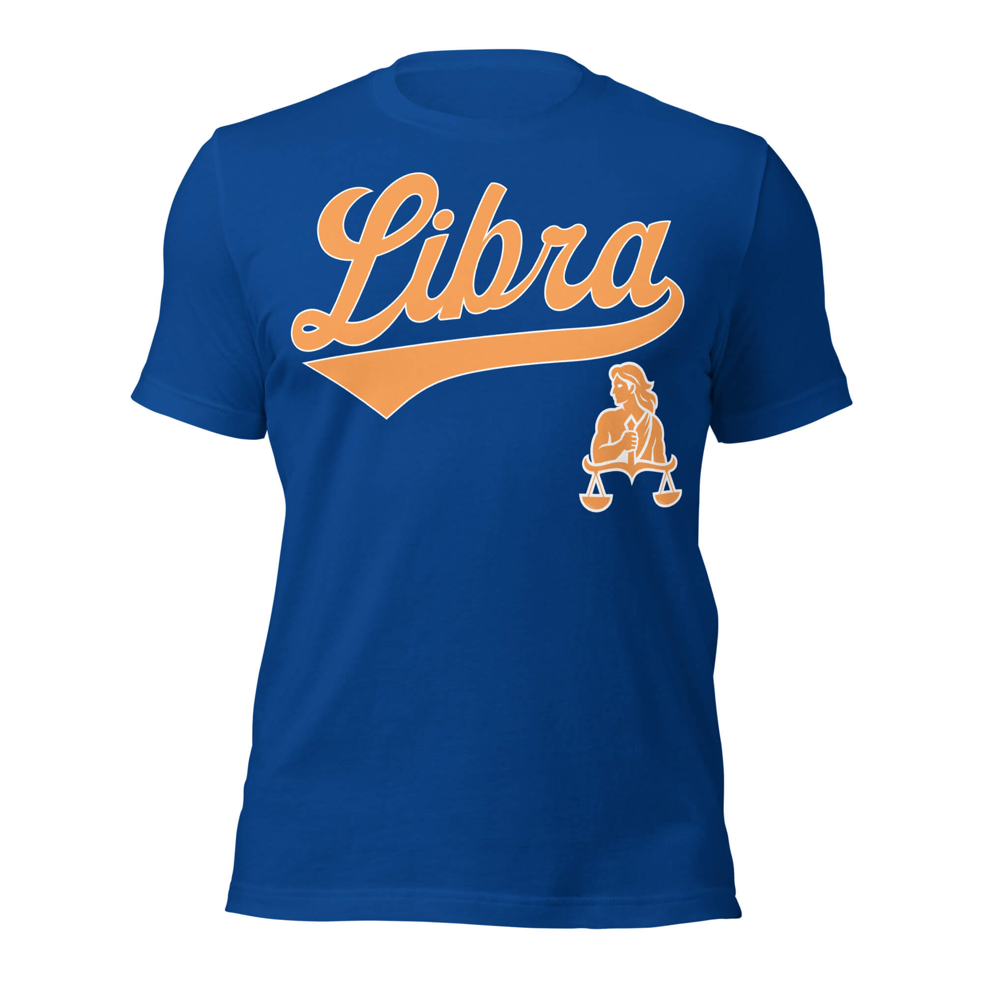 Libra zodiac sports graphic t-shirt, blue with orange ink, unisex athletic astrology apparel, front flat lay