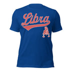 Libra zodiac sports graphic t-shirt, blue with red ink, unisex athletic astrology apparel, front flat lay