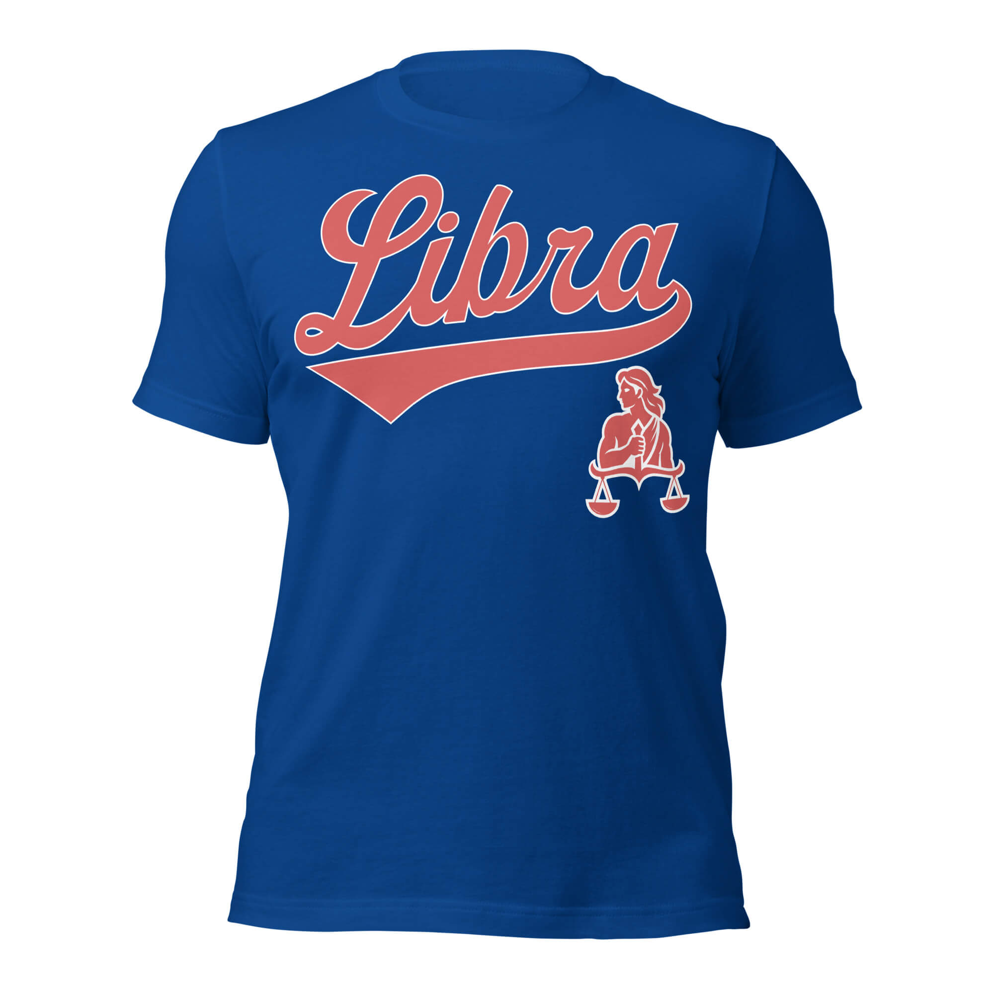 Libra zodiac sports graphic t-shirt, blue with red ink, unisex athletic astrology apparel, front flat lay